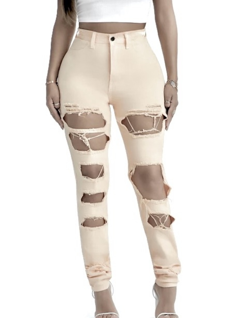 Fashion Nova High-Rise Distressed Jeans in Cream